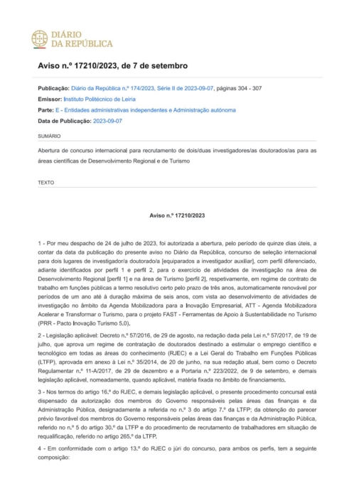 DR Edital Abertura Concurso Investigadores FAST